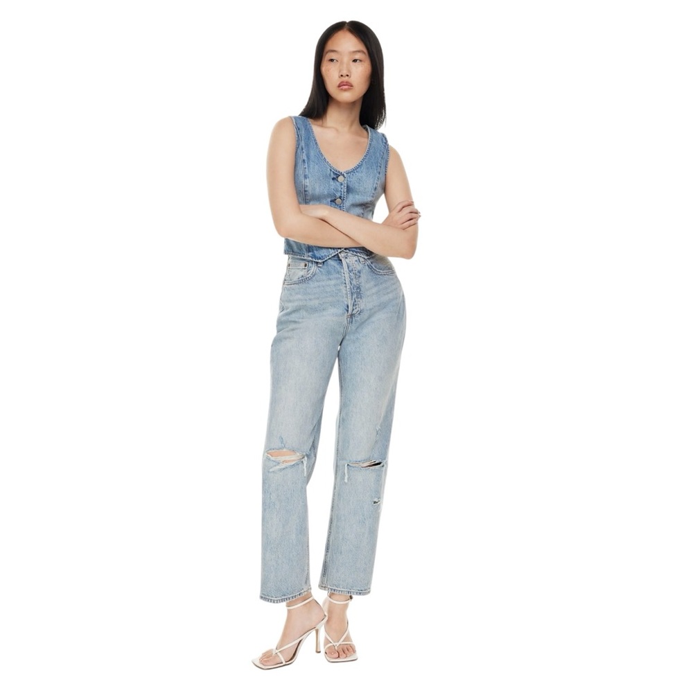 Denim Forum‎ The Joni High Rise Loose Light Wash Denim Ripped Distressed Cotton
